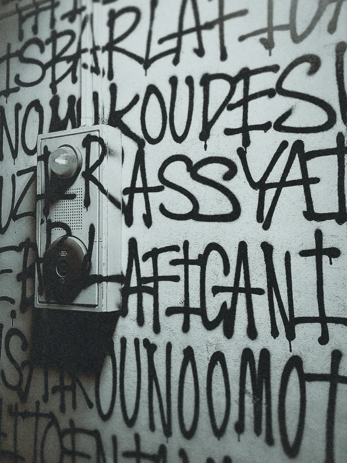 黒いスプレーのローマ字で埋められた白い壁と、インターホンのパネル。「BARLAF」「LAFICANI」の文字が読める。
